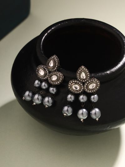 Priyaasi Elegance In Ebony Black Plated Kundan And Pearl Earrings