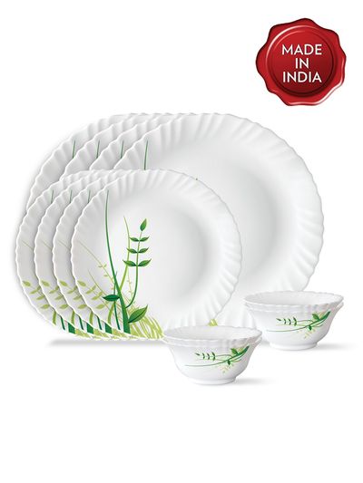 Larah By Borosil Green Herbs 12Pc Dinner Set Opalware Crockery For Dining & Gifting - White