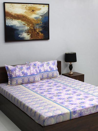 Bombay Dyeing Ivyrose 110 TC 100% Cotton Queen Bedsheet - Purple White | With 2 Pillow Covers