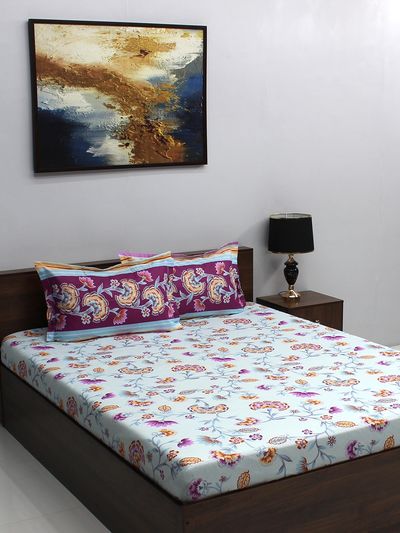 Bombay Dyeing Ivyrose 110 Tc 100% Cotton Purple Queen Bedsheet With 2 Pillow Covers - Yellow