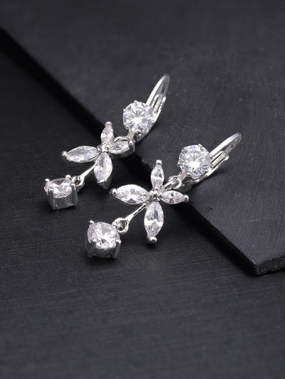 Priyaasi Silver Plated American Diamond Studded Floral Pattern Drop Earrings For Women
