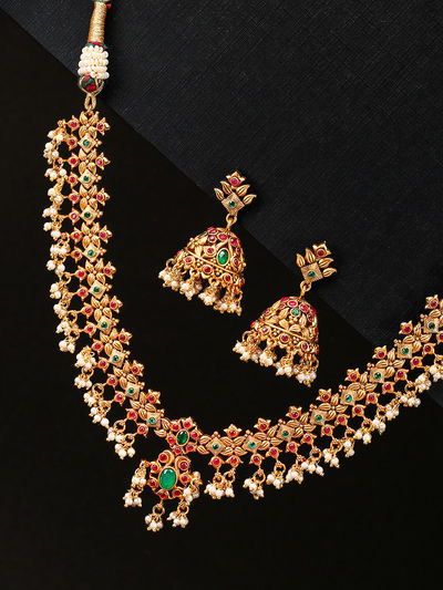 Priyaasi Pushp Bela - Kemp Stones Pearls Gold Plated Jewellery Set Of 3