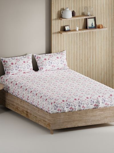 Bianca Soft 100% Natural Cotton Double Bedsheet With 2 Pillow Covers - 3Pc Set Floral-Pink/Violet