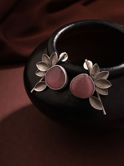 Priyaasi Priyaasi Lotus Bloom Elegance With Pink Stone And Silver-Plated Earrings