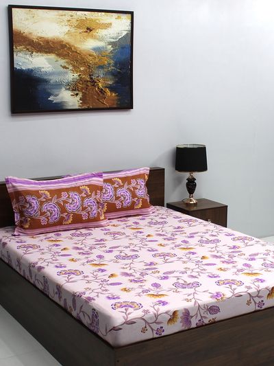 Bombay Dyeing Ivyrose 110 Tc 100% Cotton Queen Bedsheet With 2 Pillow Covers - Pink Purple