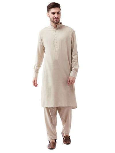 Vastramay Men's Cotton Blend Kurta and Patiala Set | Beige - M
