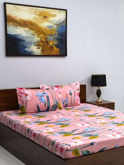Bombay Dyeing Vista 144 Tc Queen Size Bedsheet With 2 Pillow Covers - Pink & Blue