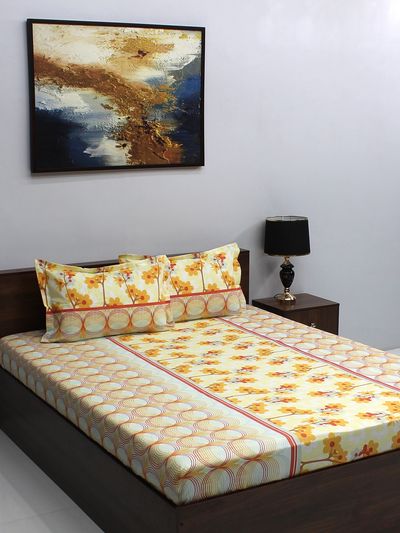 Bombay Dyeing Ivyrose 110 Tc 100% Cotton Queen Bedsheet With 2 Pillow Covers - Yellow White
