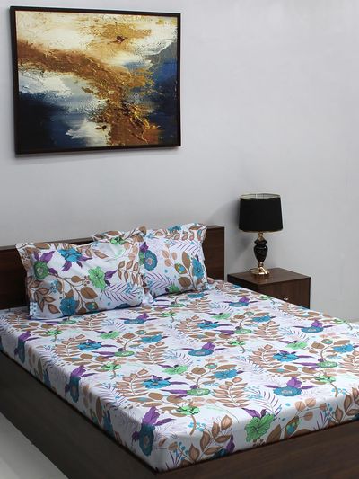 Bombay Dyeing Ivyrose 110 Tc 100% Cotton Queen Bedsheet With 2 Pillow Covers - Blue