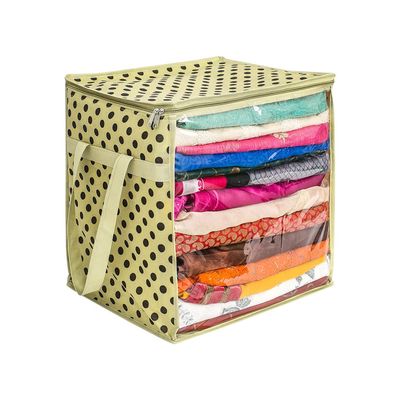 PrettyKrafts Saree Organizer Bag | Cover with Handles & Transparent Front Window | Ivory Dots - XL