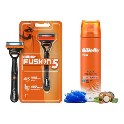 Gillette Fusion Manual Shaving Razor For Men (1pc) & Gillette Pro Shaving Gel Aqua Hydrating With Shea Butter (195g) Combo