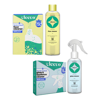 Cleevo Natural Glass Cleaner & Appliance Cleaner Spray Pack Powder To Liquid (1l) & Cleevo Natural Floor Cleaner Bottle Pack Non-Toxic Eco-Friendly Powder To Liquid Lemon (5l) Combo