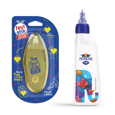 Fevistik Rockin' Roller - Adhesive Roller Mess Free Fevistik Easy To Use Adhesive (1pc) & Fevicol Mr Original Craft & General Purpose White Glue Bottle (105g) Combo