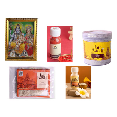 Jai Kashi Chandan Tika (30g) & Jai Kashi Vibhuti (100g) & Jai Kashi Janeu (4pc) & Jai Kashi Kumkum (30g) & Jai Kashi Shiv Parvati Deity Photo (1pc) Combo