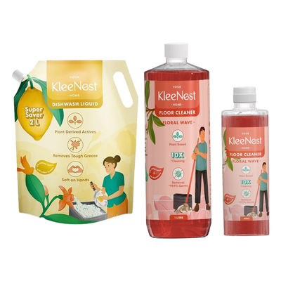 Kleenest Dishwashing Liquid Plant Based, Soft On Hands Refill Pouc (2l) & Kleenest Natural Floor Cleaner Floral Wave, Plant Based Kids & Pet Friendly (1.5l) Combo