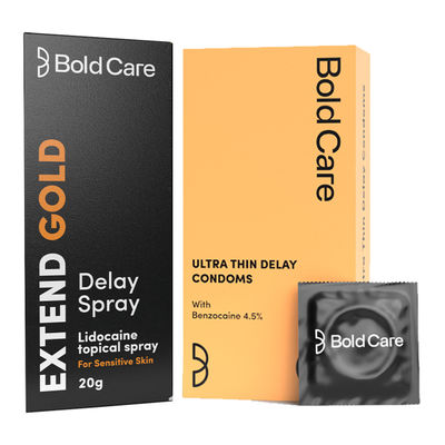Bold Care Ultra Thin Delay Condoms With Benzocaine 4.5% (10pc) & Bold Care Extend Gold - Lidocaine 10% Spray For Longer Sex (20g) Combo