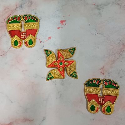 Gullak Auspicious Symbols Multicolour Plastic Stickers Pair Of Charan And Swastik