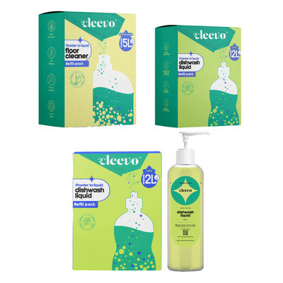 Cleevo Natural Kitchen Cleaner Spray Refill Pack Cleans Stove Chimney Tile Powder To Liquid (1l) & Cleevo Natural Dishwash Liquid Pack Non-Toxic Eco-Friendly Powder To Liquid Lime (2l) & Cleevo Natural Floor Cleaner Refill Pack Non-Toxic Eco-Friendly Powder To Liquid Lemon (5l) Combo
