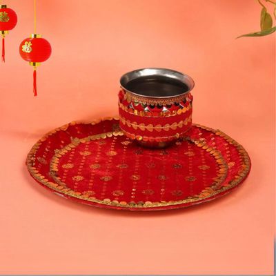 Sanskriti Pure Red Handcrafted Pooja Thali Kalash Set
