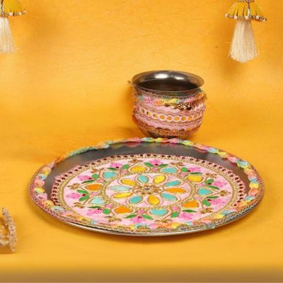 Sanskriti Pink Handcrafted Designer Pooja Thali Kalash Set