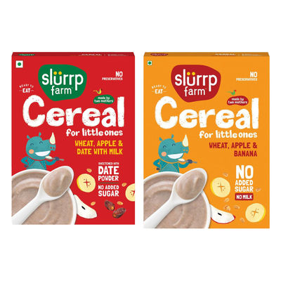 Slurrp Farm Wheat Apple & Banana Instant Healthy Cereal 100% Natural No Added Sugar No Milk, 300 Gm(300gms) & Slurrp Farm Cereal - Wheat, Apple & Date With Milkno Added Sugar No Powder 1 Pcs(1pc) Combo