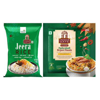 India Gate Jeera Rice | Short Grain (1kg) & India Gate Classic Hyderabadi Biryani Masala (70g) Combo