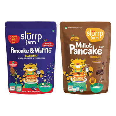 Slurrp Farm Millet Eggless Pancake Mix With Blueberries No Maida, Healthy Breakfast For Kids & Adults, 150 Gm(150gms) & Slurrp Farm Millet Eggless Pancake Mix With Chocolate No Maida, Healthy Breakfast For Kids & Adults, 150 Gm(150gms) Combo