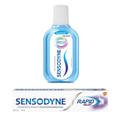 Sensodyne Mouthwash Complete Protection+ (100ml) & Sensodyne Rapid Relief Long Lasting Protection For Sensitive Teeth Toothpaste (80g) Combo