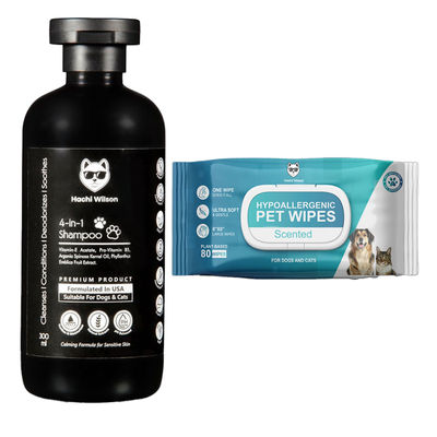 Hachi Wilson Premium Plant Based Pet Wipes (Dog/Cat) , Extra 25% Bigger Size (1pc) & Hachi Wilson Premium 4In1 Dog Shampoo And Conditioner (300ml) Combo