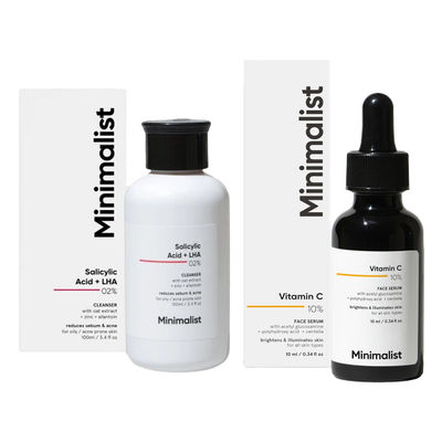 Vitamin C 10% Face Serum For For Brighter, Glowing & Healthy Looking Skin(10ml) & Minimalist 02% Salicylic Acid + Lha Face Cleanser(100ml) Combo