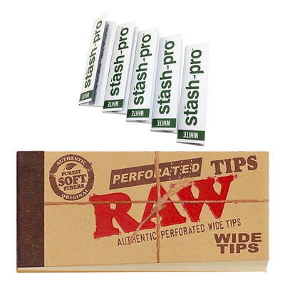 Stash-Pro White 32 Premium Rolling Papers (1pc) & Raw Perforated Wide Tips/Roach Pad - 50 Leaves/Pack (1pc) Combo