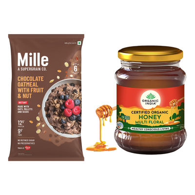 Mille Instant Chocolate Oats With Millets | Almonds And Flax Seeds (400g) & Organic India Himalayan Multi Floral Honey, 100% Pure, Natural & Organic Honey (250g) Combo