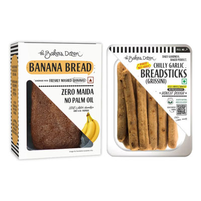 The Baker'S Dozen Banana Bread 100% Wholewheat (150g) & The Baker'S Dozen Zero Maida Breadsticks (Grissini) Baked Snack No Palm Oil No Preservatives 100% Wholewheat (100g) Combo