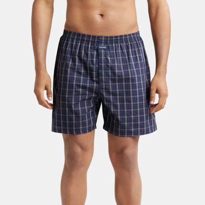 Jockey 1222 Men's Super Combed Mercerized Cotton Woven Checks Boxer|BackPocket | Blue-M