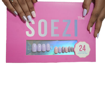 Soezi Press On Nails- Purple Ride- 24 Reusable Nails - Application Kit- Short Oval