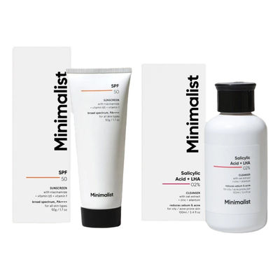 Minimalist 02% Salicylic Acid + Lha Face Cleanser(100ml) & Minimalist Spf 50 Pa++++ Multi- Vitamin Sunscreen Broad Spectrum No- White Cast Light Weight For Men & Women(50ml) Combo