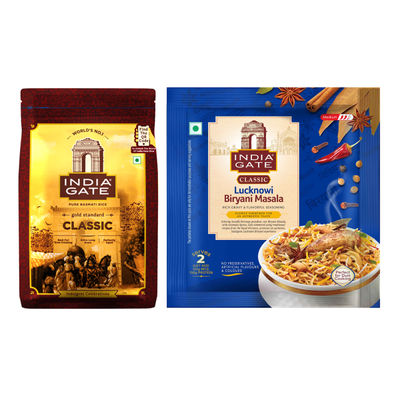 India Gate Gold Standard Classic Basmati Rice | 2 Years Aged | Extra Long Grains (1kg) & India Gate Hyderabadi Classic Biryani Masala 70 Gram (70g) Combo