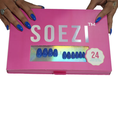 Soezi Press On Nails- Ballsy Blues 24 Reusable Nails - Application Kit- Short Oval