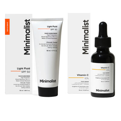 Vitamin C 10% Face Serum For For Brighter, Glowing & Healthy Looking Skin(10ml) & Minimalist Light Fluid Spf 50 Face Sunscreen(50ml) Combo
