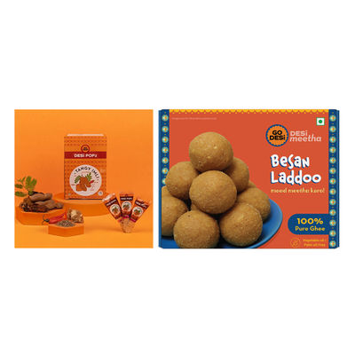Tangy Imli (Tamarind) 10 Pcs Sour Candy | No Refined Sugar | Lollipop By Go Desi (10pc) & Besan Laddoo | With Ghee | Laddu | Sweets By Go Desi (200g) Combo