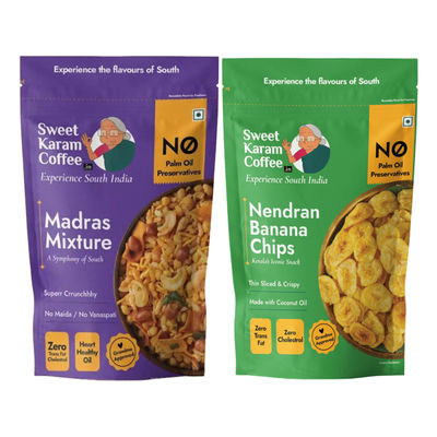 Sweet Karam Coffee Madras Mixture (95g) & Sweet Karam Coffee Kerala Nendran Banana Chips (65g) Combo