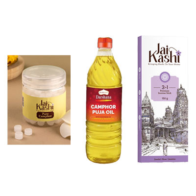 Jai Kashi Pure Camphor(50g), Jai Kashi 3 in 1 Premium Incense Stick(150g) & Jai Kashi Pancha Deepam Pooja Oil(1l) () Combo