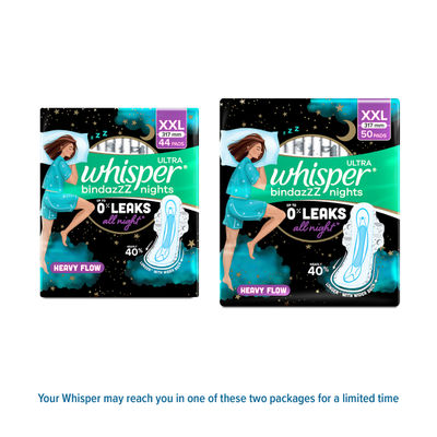 Whisper Bindazzz Nights 50 XXL Sanitary Pads, Upto 0% Leaks All Night Long