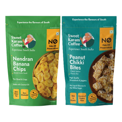 Sweet Karam Coffee Kerala Nendran Banana Chips (65g) & Sweet Karam Coffee Peanut Chikki Bites (150g) Combo