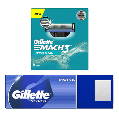 Gillette Sensitive Skin With Aloe Shave Gel (60g) & Gillette Mach3 Shaving Blades For Men (6 Cartridges) (6pc) Combo