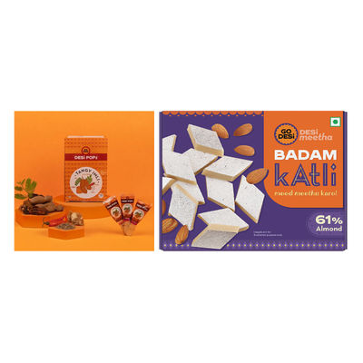 Tangy Imli (Tamarind) 10 Pcs Sour Candy | No Refined Sugar | Lollipop By Go Desi (10pc) & Badam Katli 61% Almond| Burfi | Sweet By Go Desi (200g) Combo