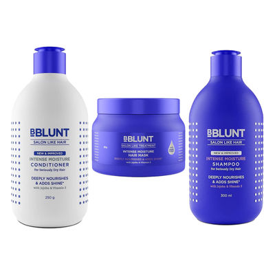 Bblunt Intense Moisture Shampoo With Jojoba And Vitamin E For Dry & Frizzy Hair (300ml) & Bblunt Intense Moisture Conditioner With Vitamin E & Jojoba For Dry & Frizzy Hair (250g) & Bblunt Intense Moisture Hair Mask With Jojoba Oil & Vitamin E For Nourished & Shiny Hair (250g) Combo