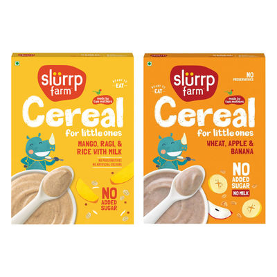 Slurrp Farm Wheat Apple & Banana Instant Healthy Cereal 100% Natural No Added Sugar No Milk, 300 Gm(300gms) & Slurrp Farm No Added Sugar Cereal - Ragi, Rice And Mango With Milk, No Preservatives, Made With Multigrain Millets, 200 Gm(200gms) Combo