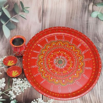 Gullak Pooja Thali Kalash Set Stainless Steel Handpainted With 10 inch Thali Lota And 2 Katori