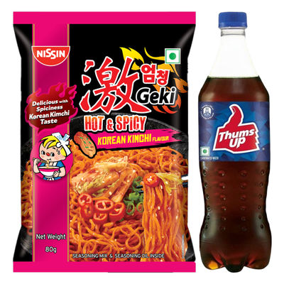 Indo Nissin Geki - Hot And Spicy Korean Kimchi Flavoured Ramen Instant Noodles (80g) & Thums Up Soft Drink (750ml) Combo
